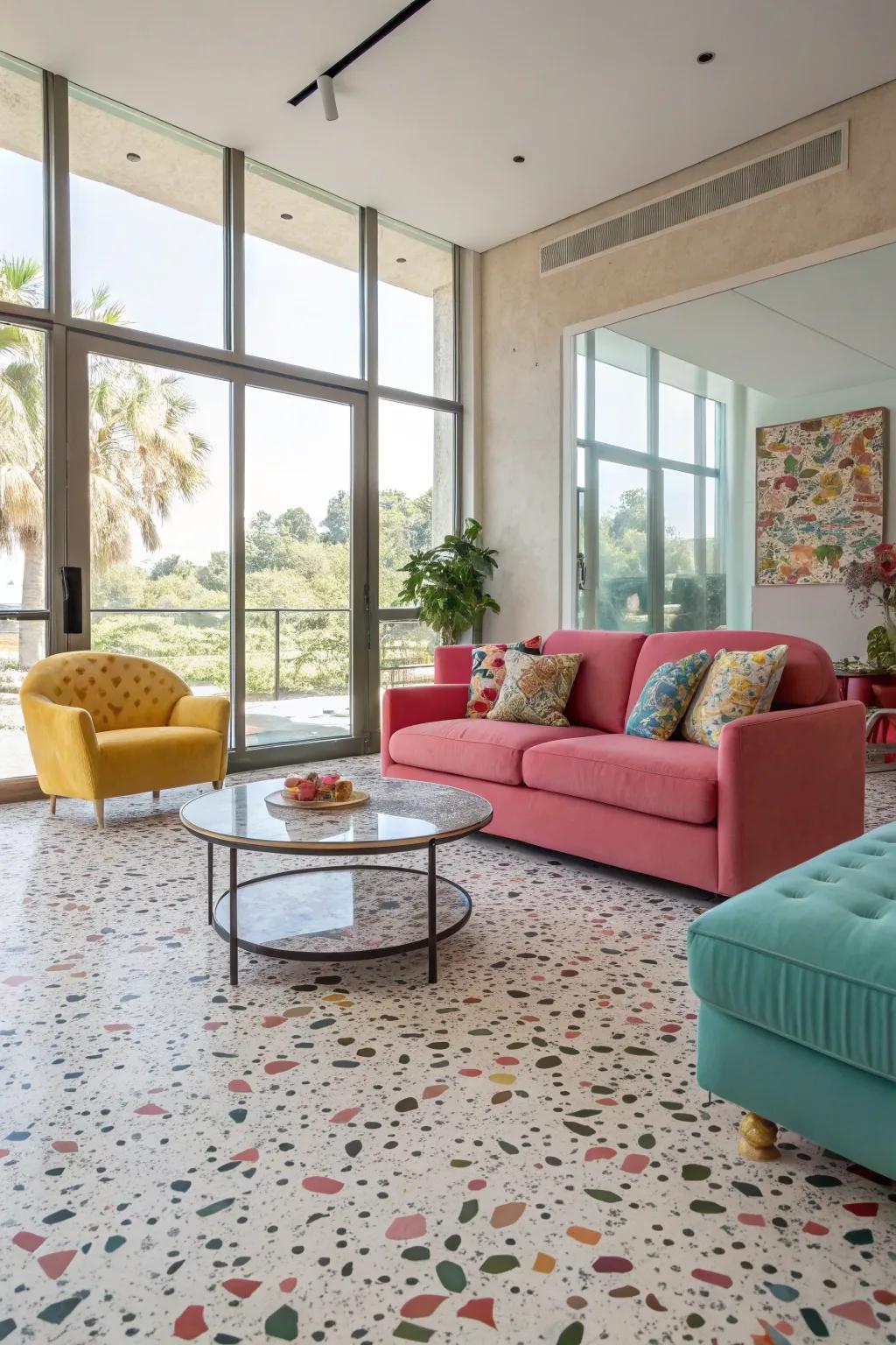 Trendy living room with eye-catching terrazzo floors