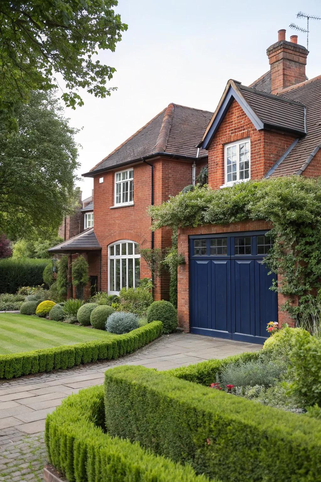 Navy blue garage doors add a timeless touch to red brick exteriors.