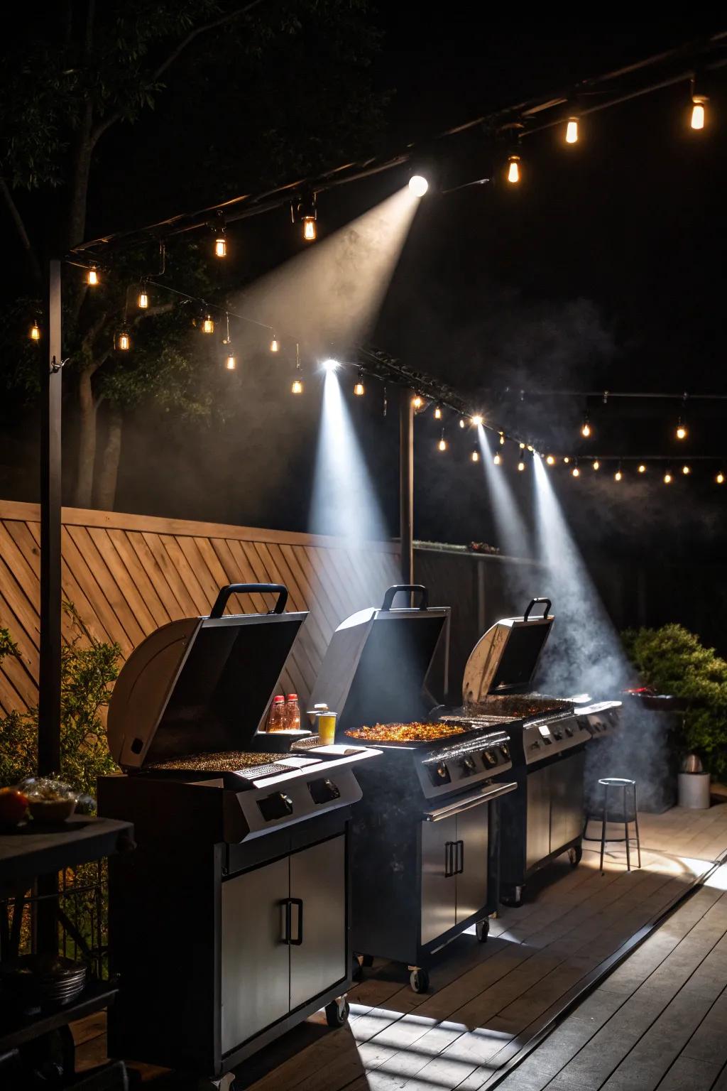 Adjustable spotlights provide targeted illumination for grilling.