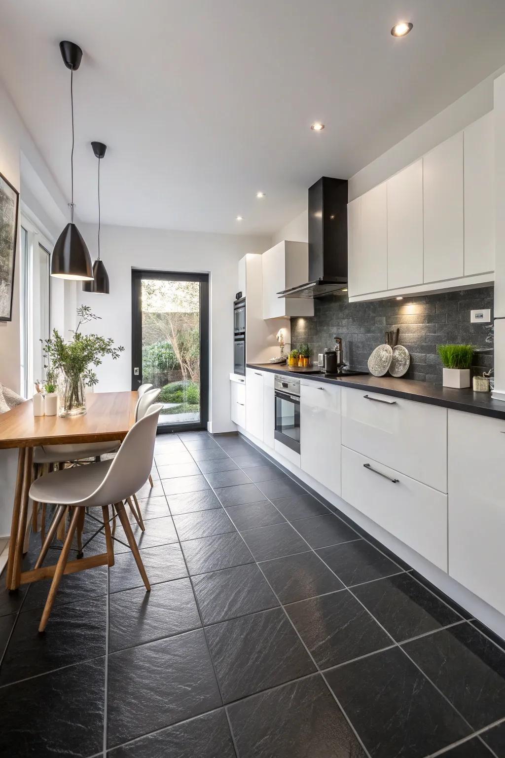 A kitchen where black floors are brightened by crisp white elements.