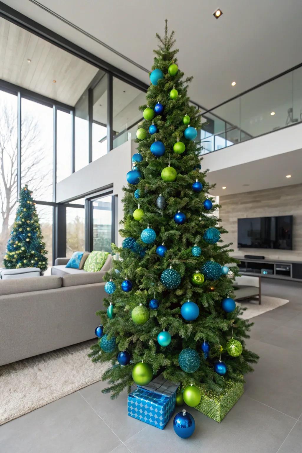 An electric blue and neon green tree that's bold and modern.