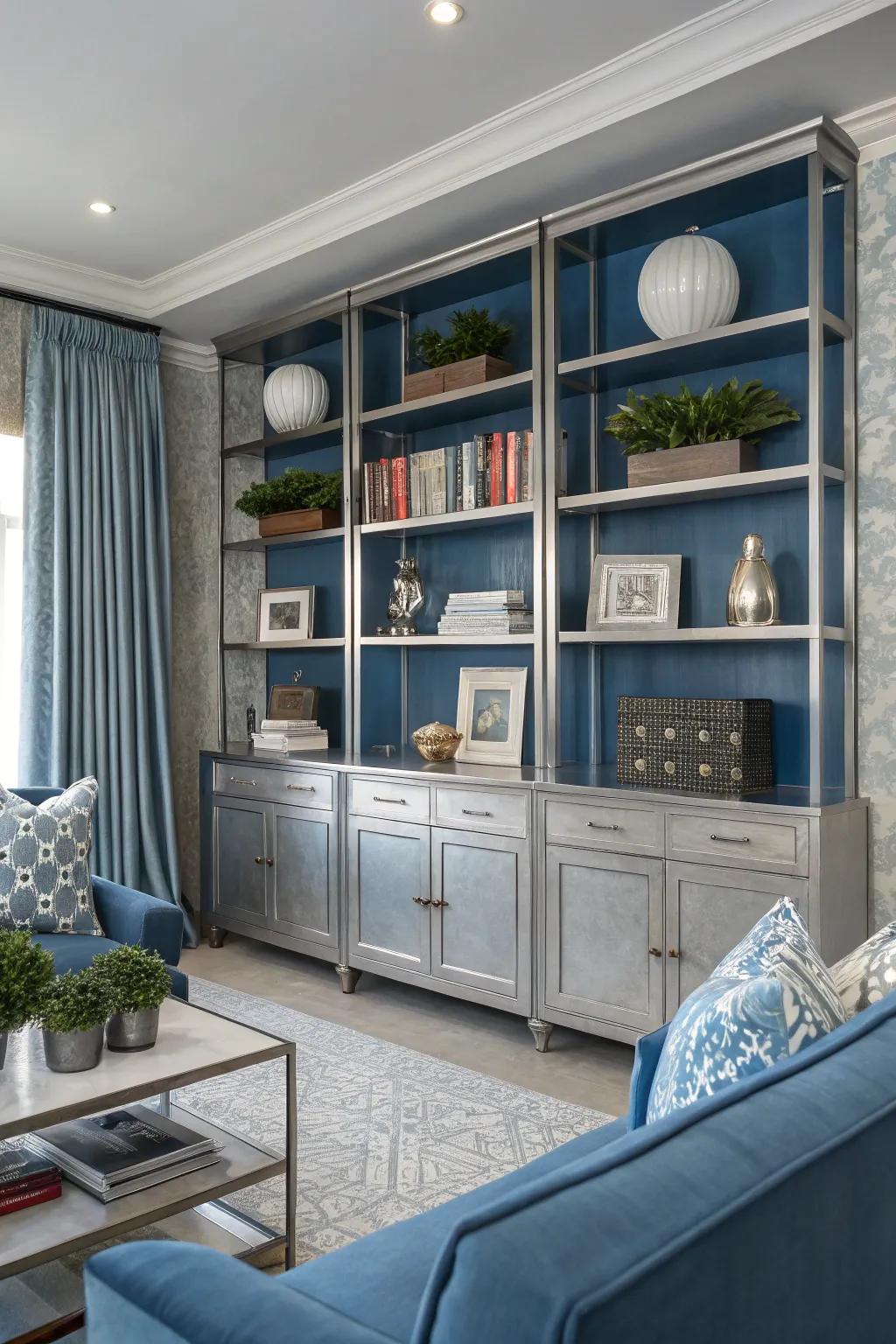 Custom shelving in blue and silver adds style and functionality to this living room.