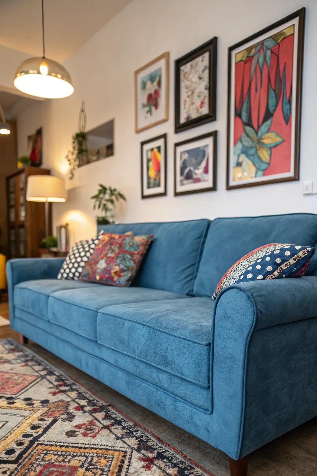 Bold art makes a statement above a blue sofa.