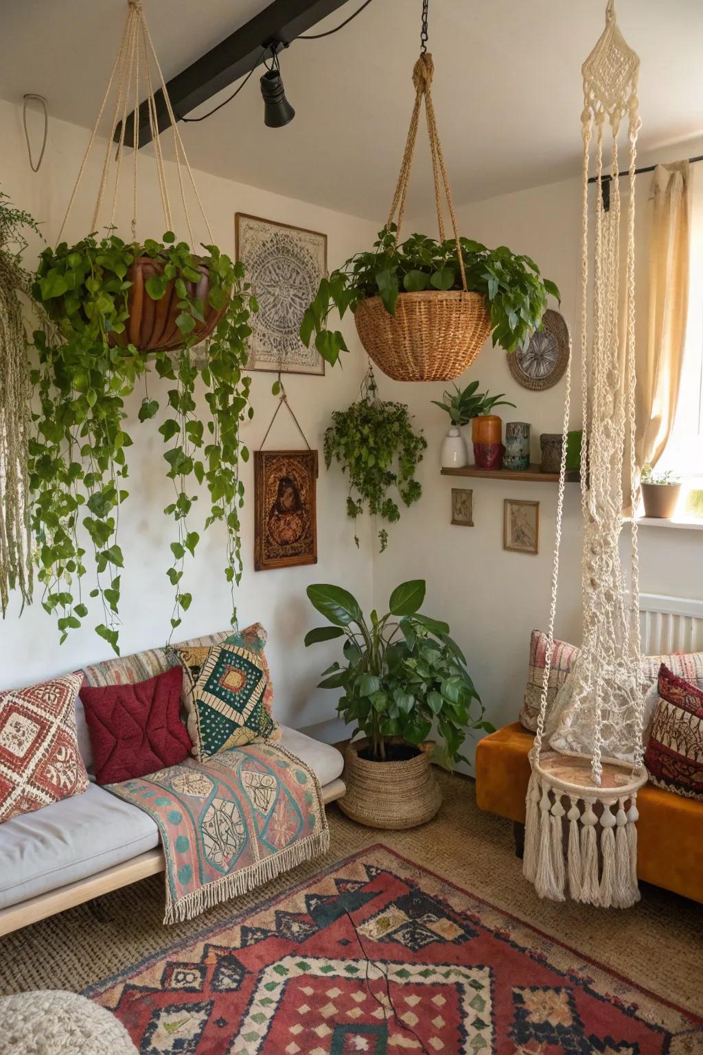 Hanging planters add vertical interest and maximize space.