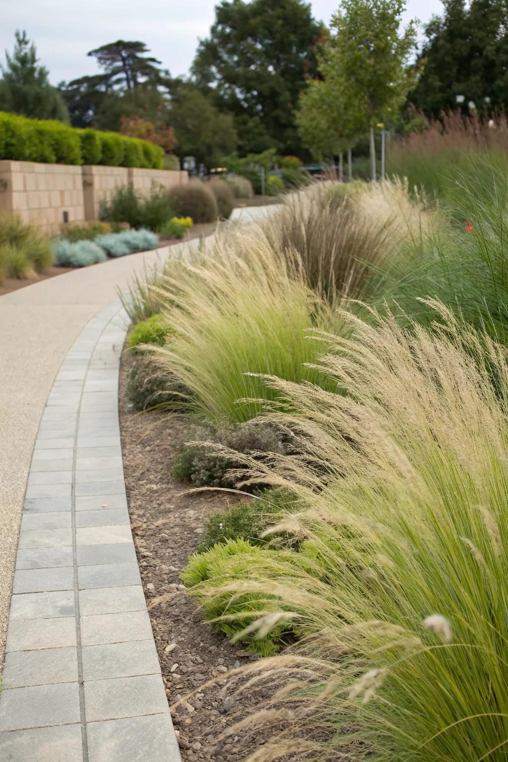 Water-friendly grasses create a sustainable garden border.