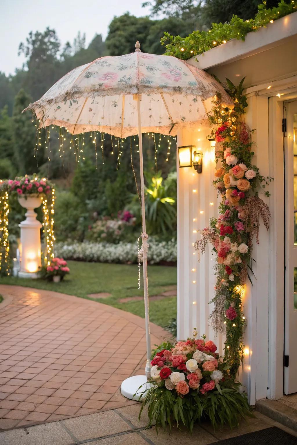 A delightful garden umbrella, adorned with blooms and lights, greets guests with a captivating aura.