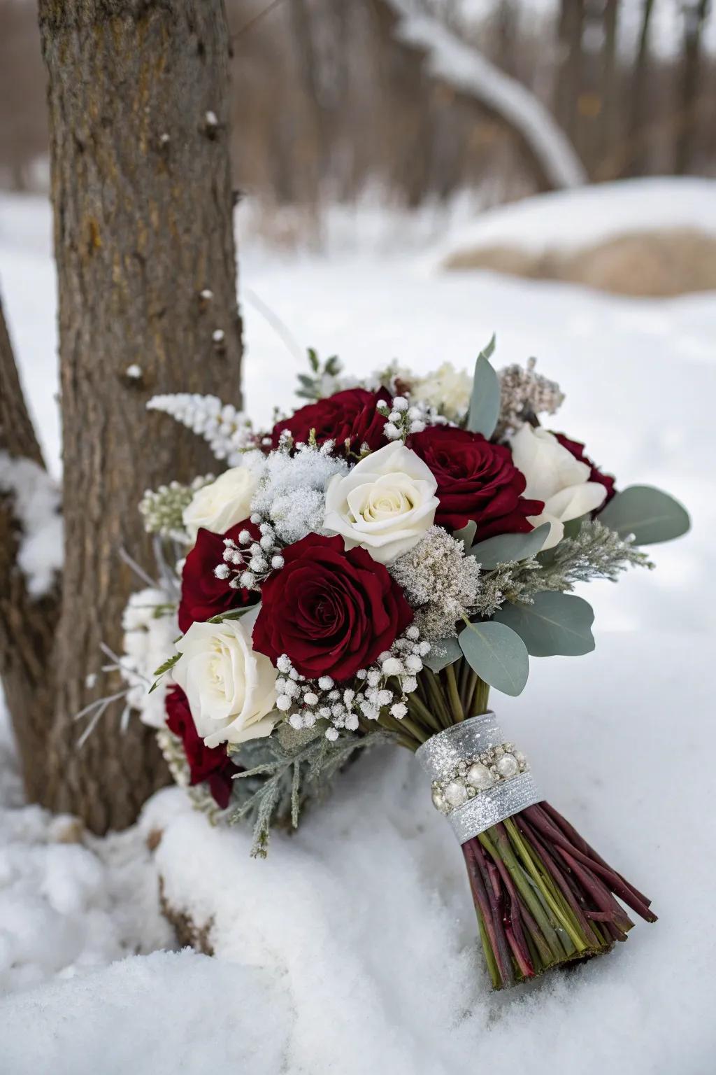 Winter-themed deep red flower arrangement with white and silver accents.