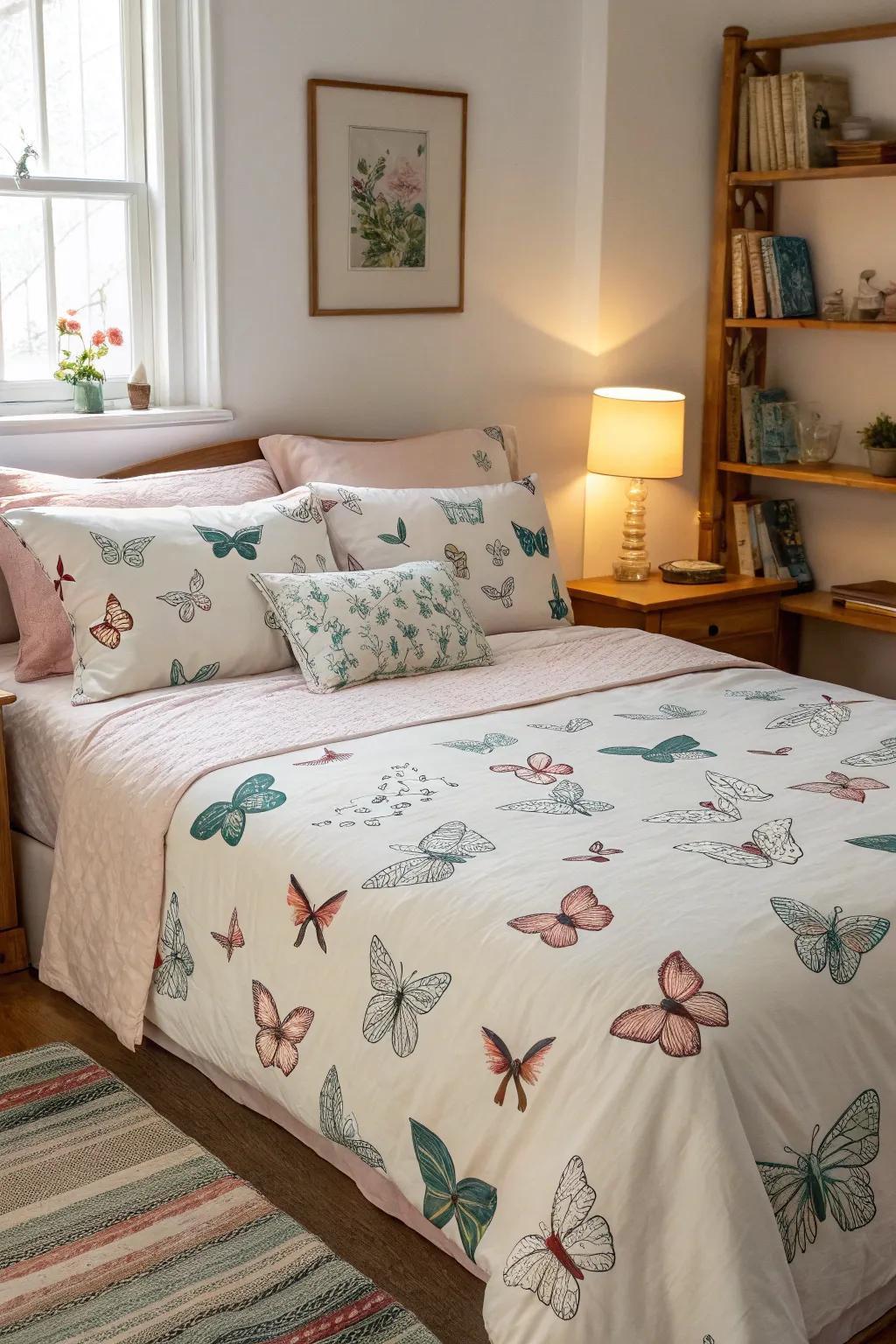 Butterfly bed linens fashion a serene retreat.