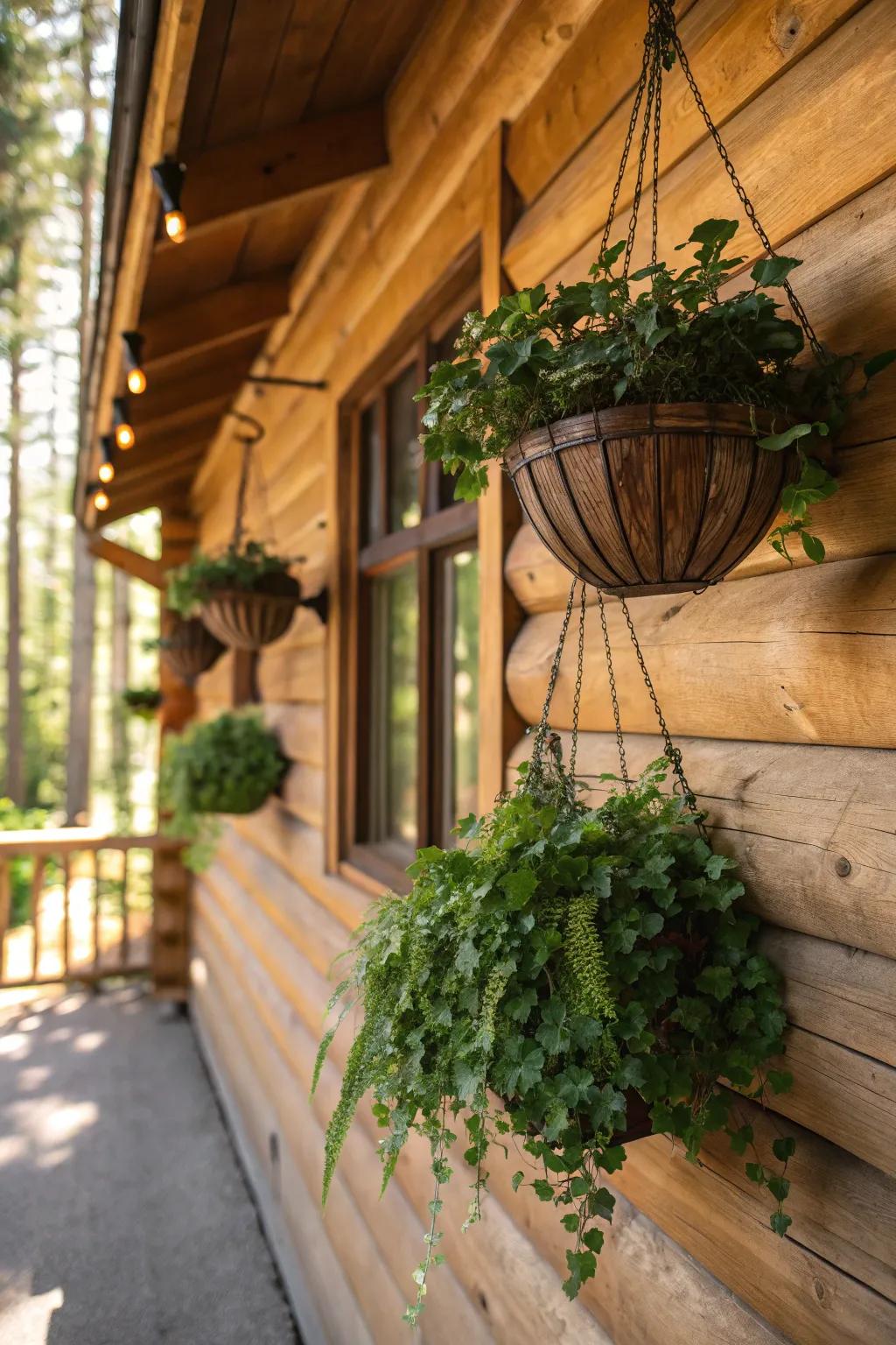 Hanging planters adding greenery and life to cabin walls.