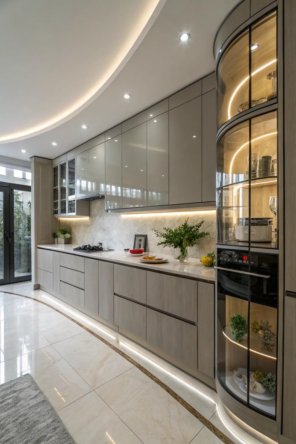 Curved cabinet doors add a unique elegance to the kitchen.