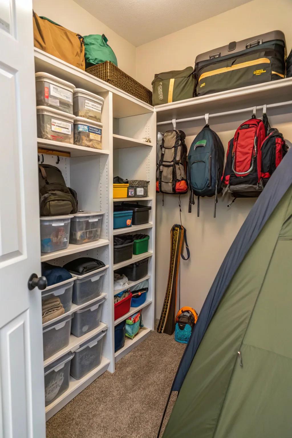 A dedicated gear closet keeps camping equipment organized and centralized.