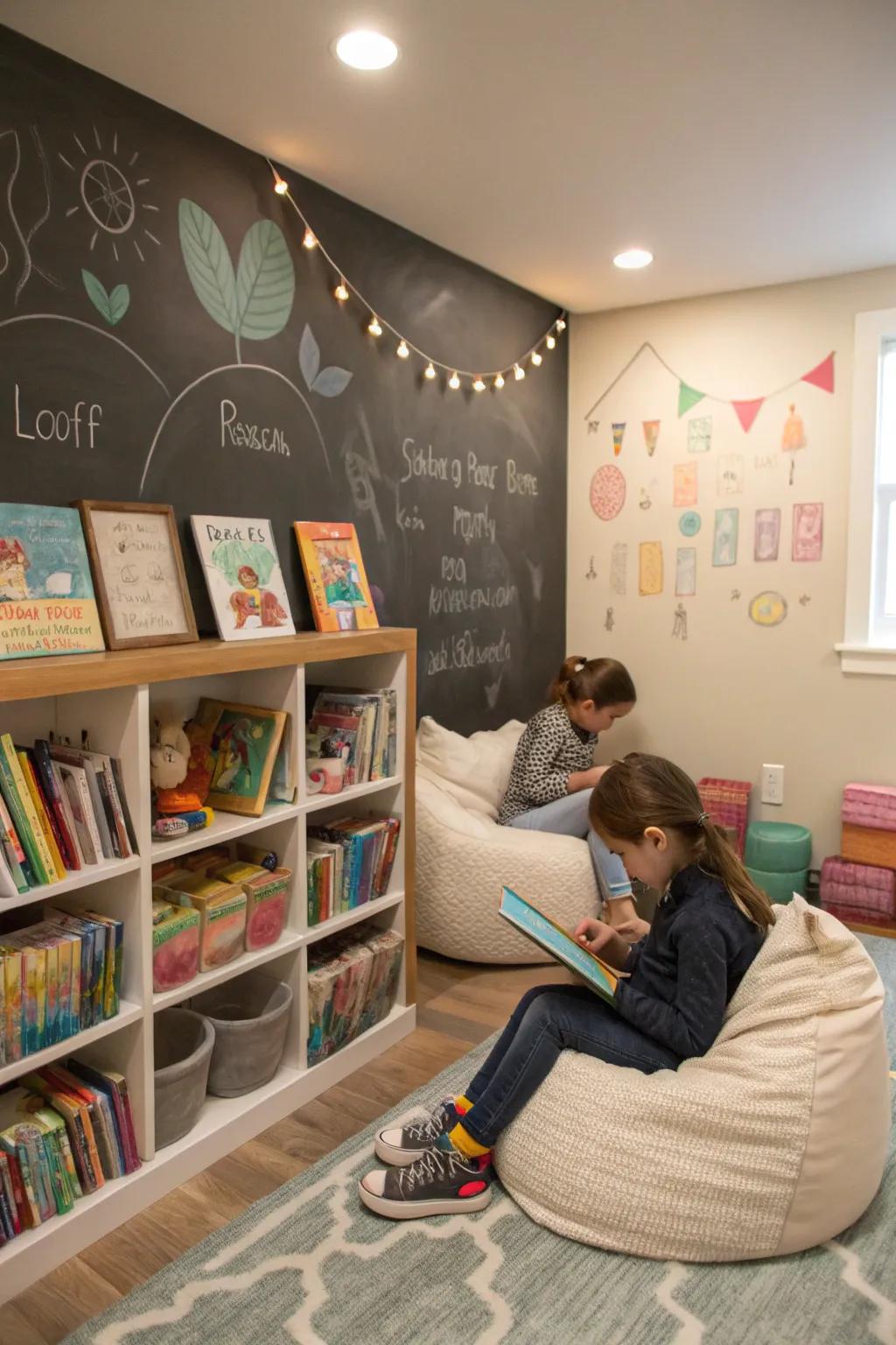 A chalkboard wall enhances a cozy reading nook.