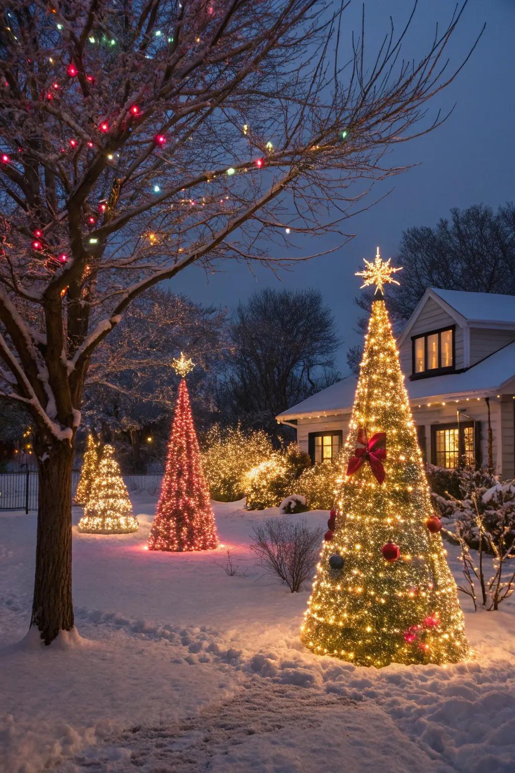 Animated light demonstration trees imparting vibrant flair to a Christmas garden presentation.