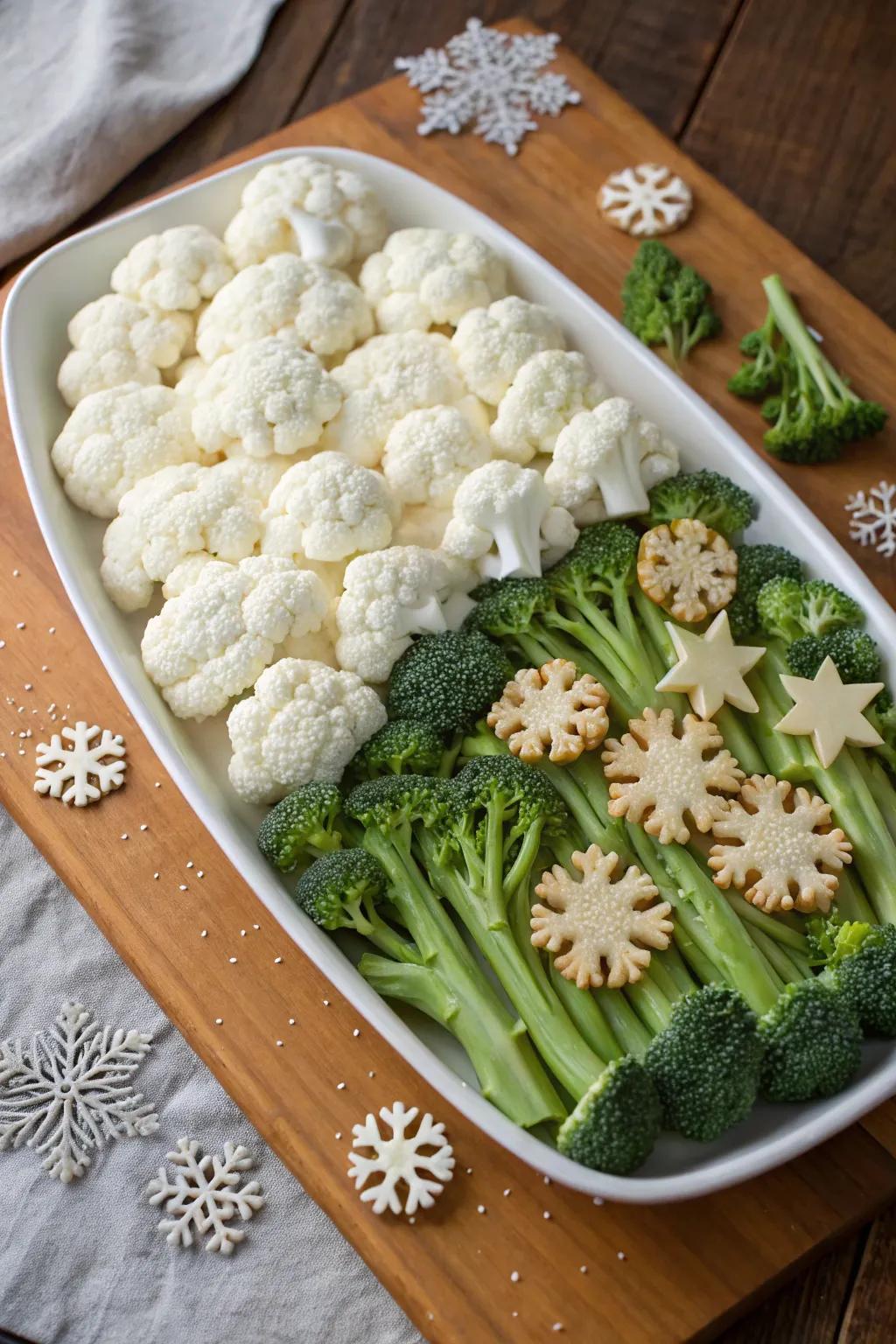 A winter wonderland veggie scene that's perfect for snowy evenings.