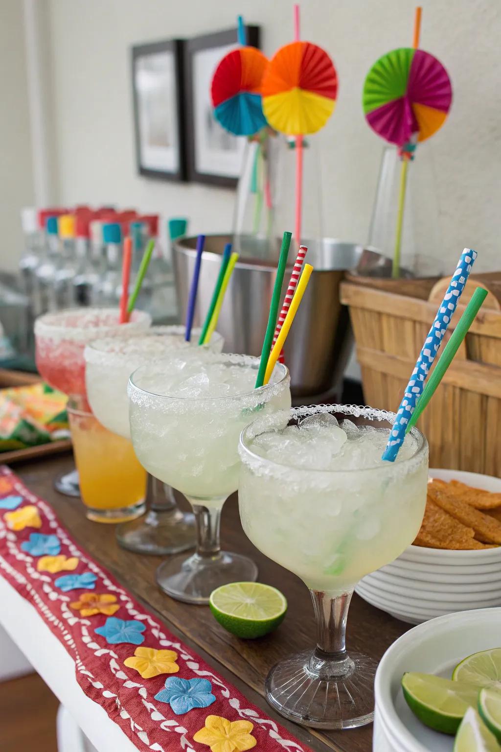 A vibrant drink station with festive margaritas and aguas frescas.