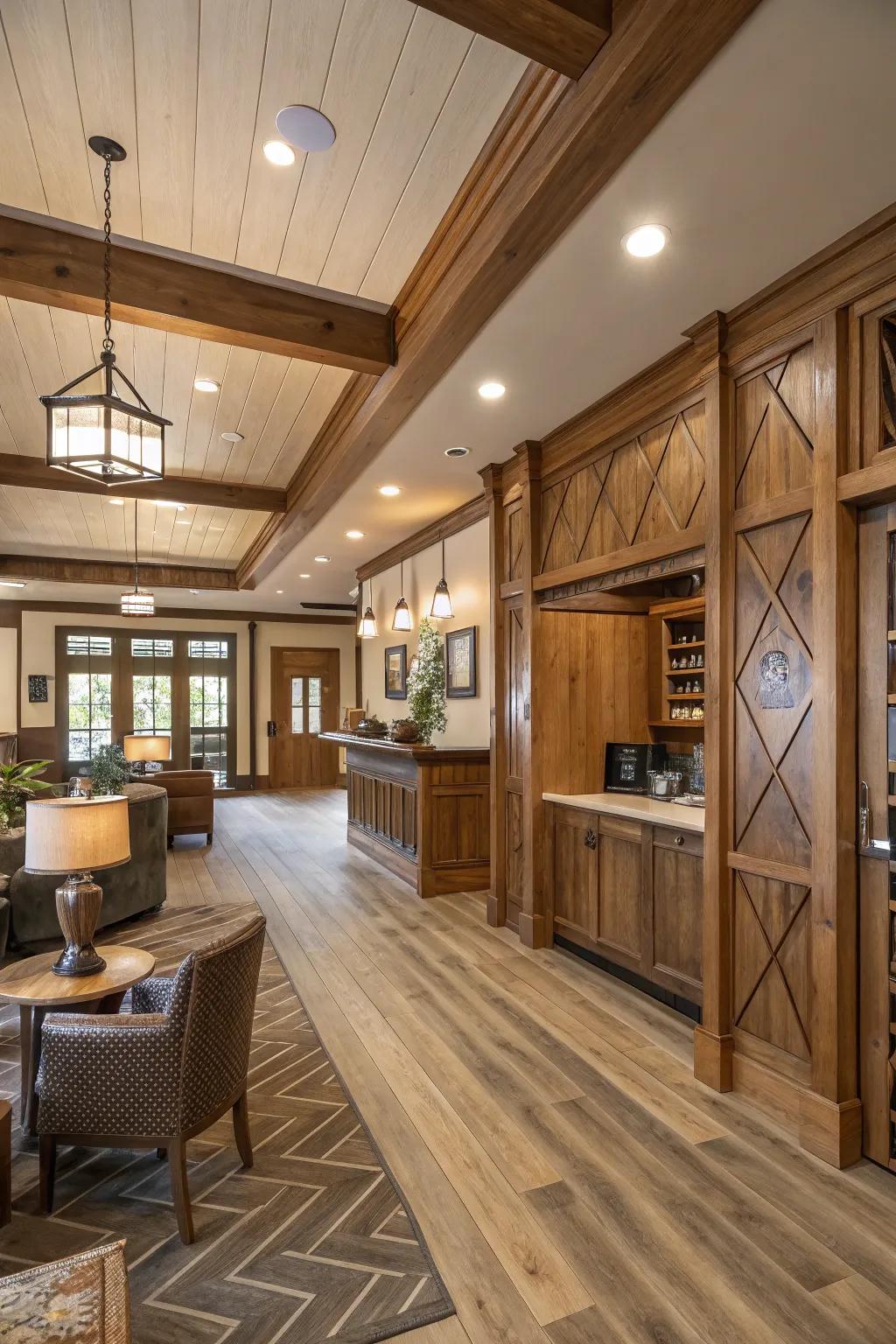 Mixed wood finishes adding depth to a clubhouse interior.