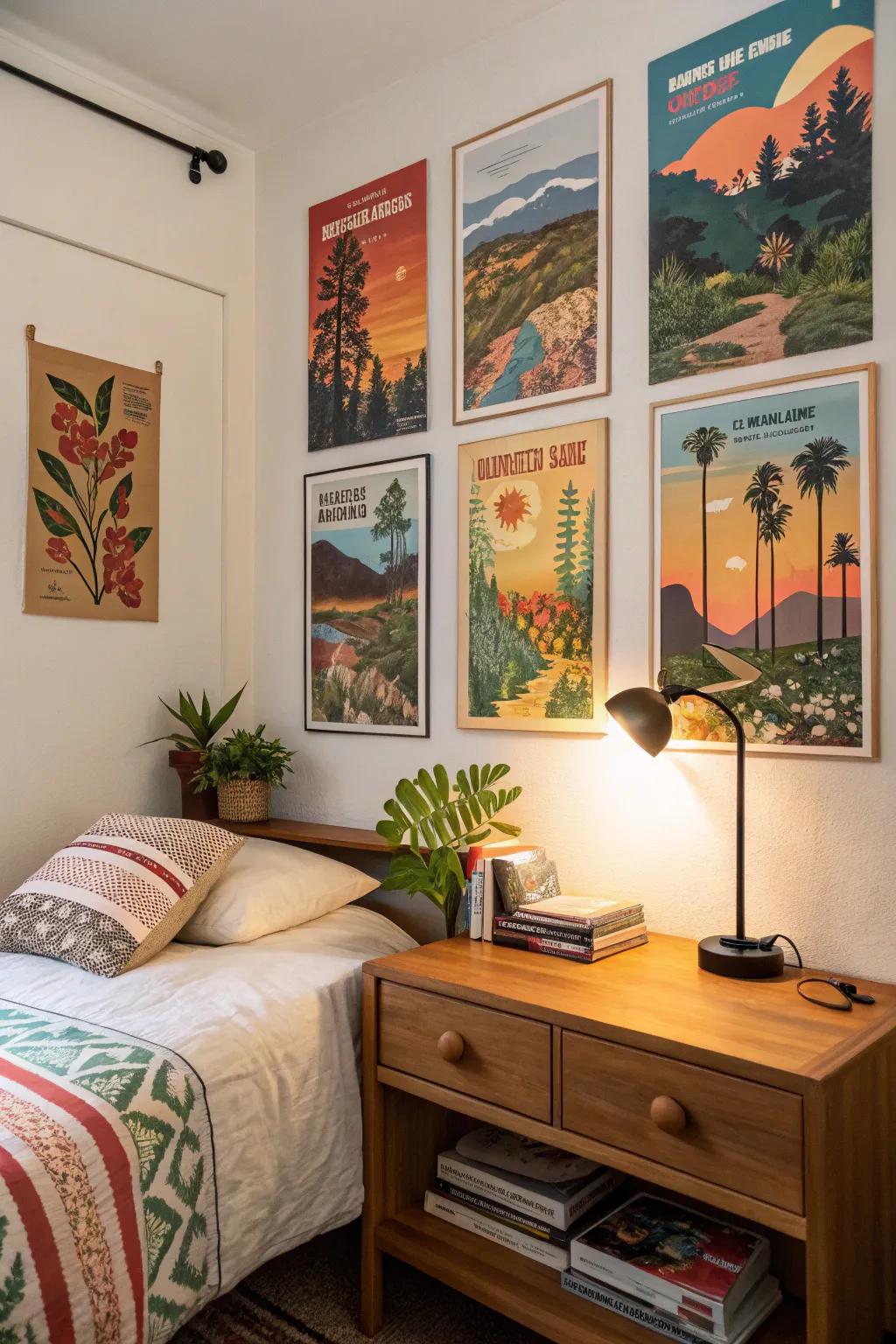 Nature-inspired posters creating a calming retreat in a bedroom.