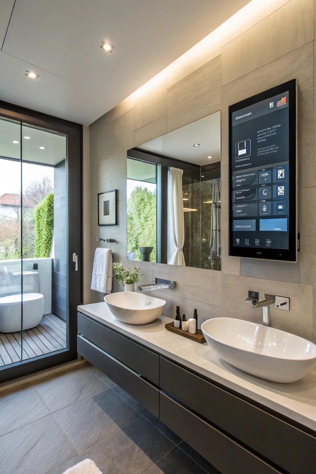 High-tech bathroom with smart mirror and heated floors.