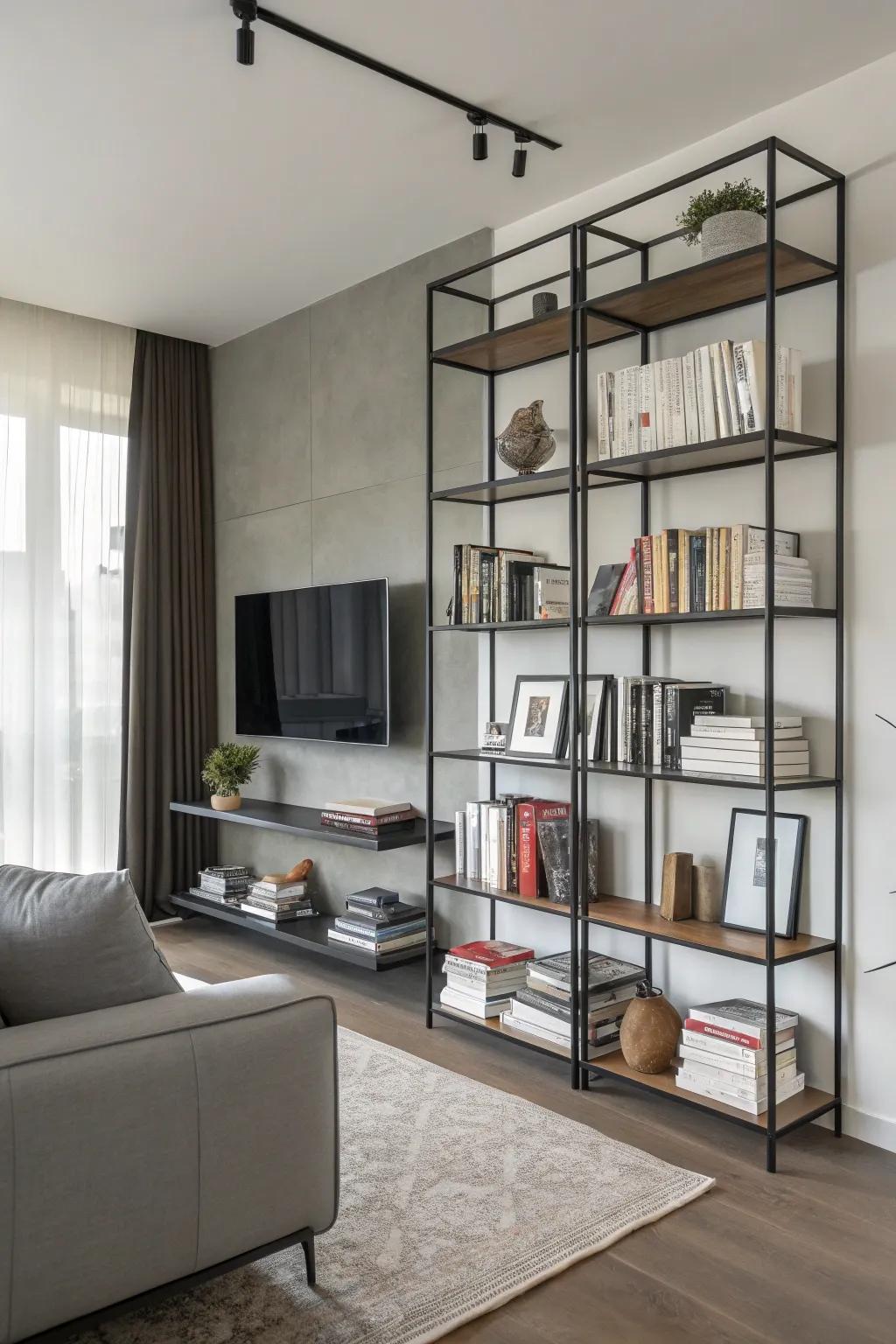 Metal shelves exude a sleek, minimalist aesthetic.