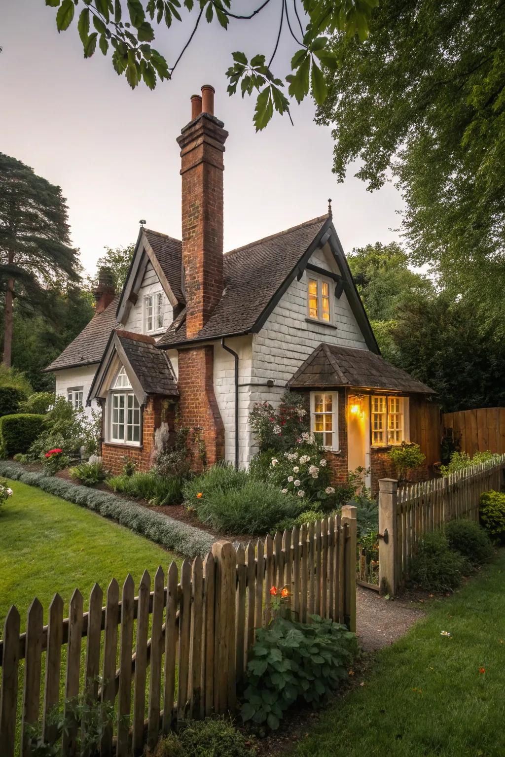 A chimney accent adds a timeless touch to a cottage exterior.