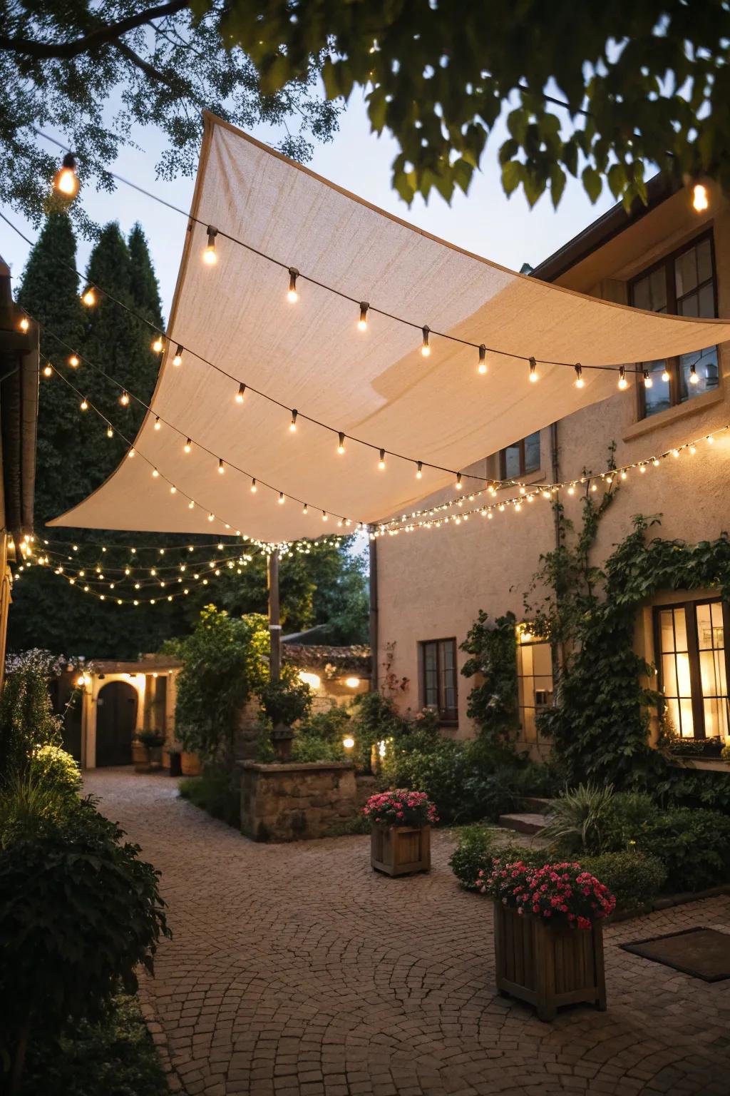 String lights under shade structures create a magical nighttime setting.