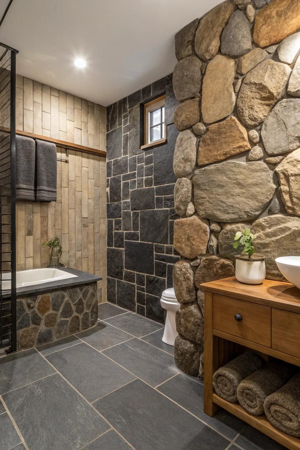 A bathroom showcasing an eclectic mix of textures for added depth.