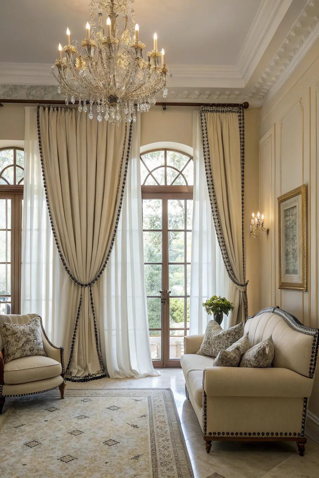 Contrast piping adds a sophisticated edge to curtain designs.