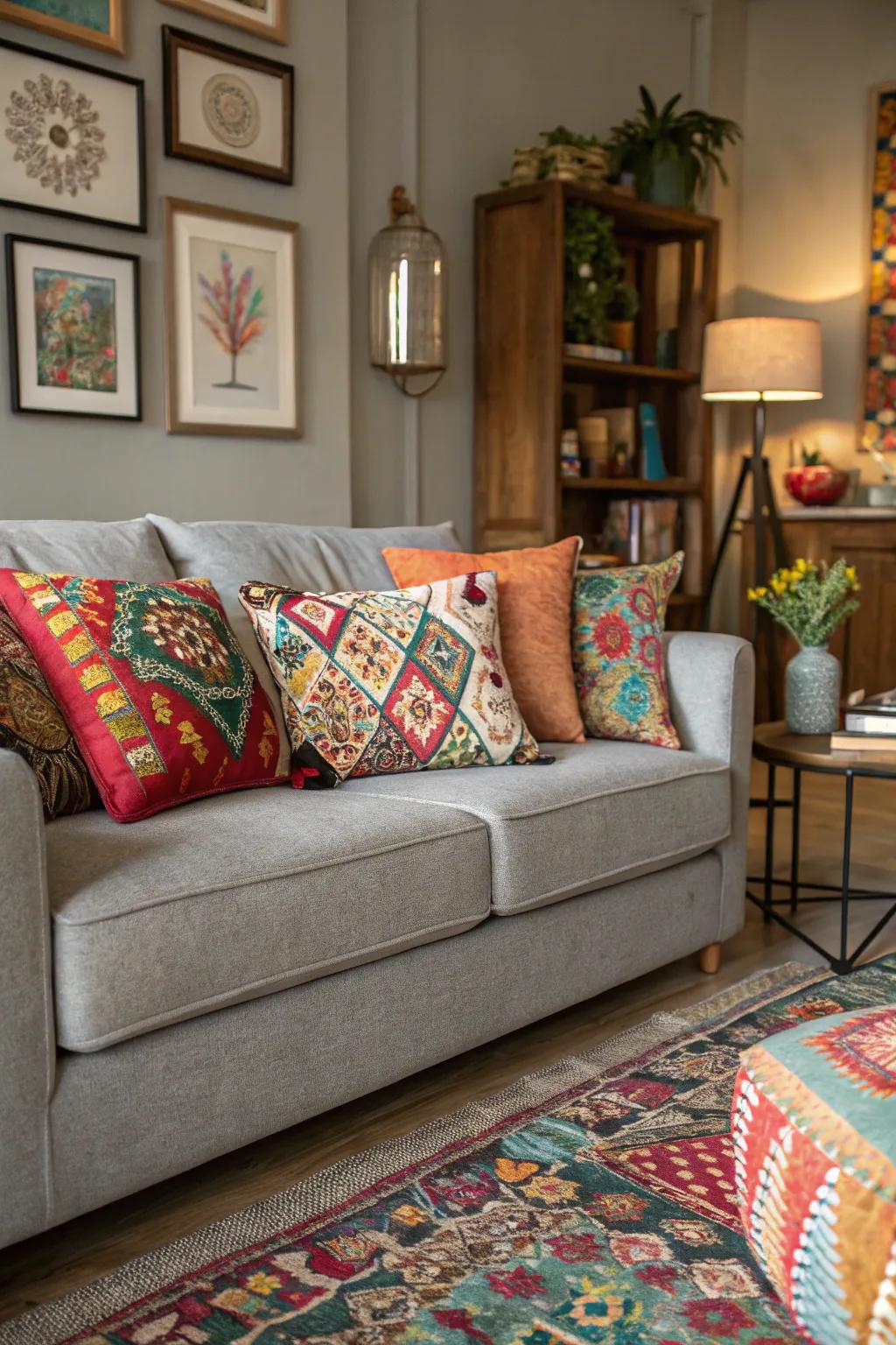 An eclectic mix of cushions showcases personality on a grey sofa.