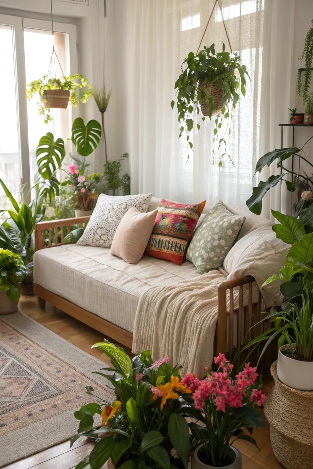 Plants around a daybed create a fresh, vibrant atmosphere.