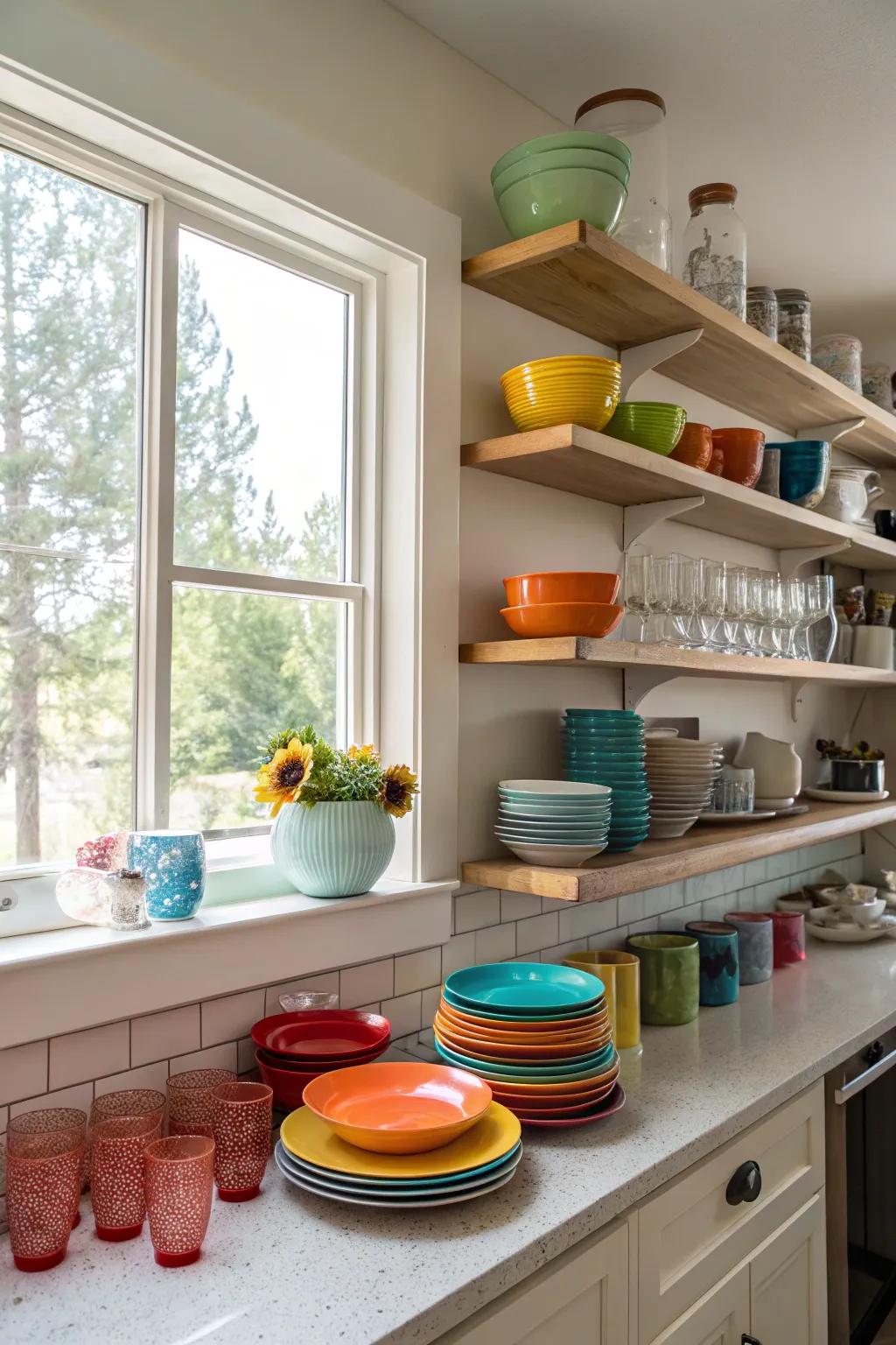 Open shelving adds display space and character to the kitchen.