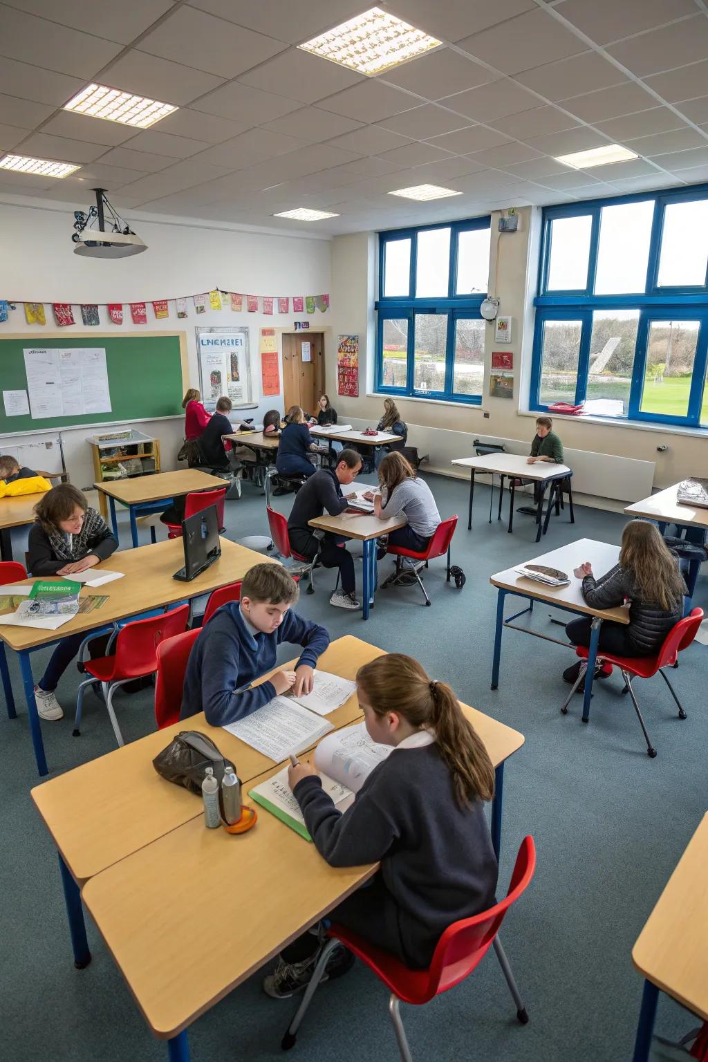 Double E desk configurations optimize space for collaborative classroom activities.