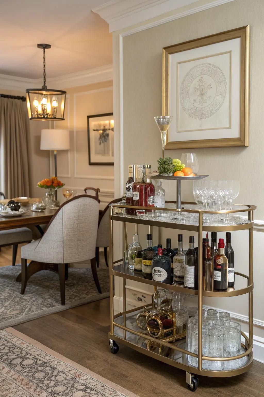 A bar cart that adds sophistication and practicality to dining gatherings.