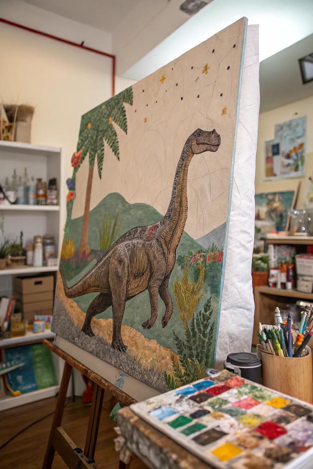 Richly textured dinosaur art with mixed media