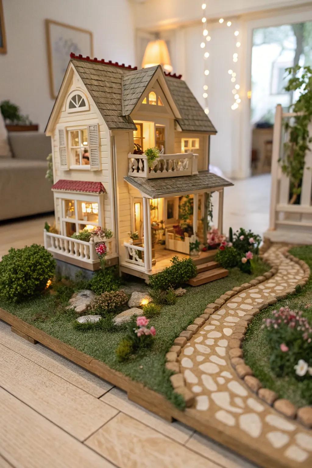 A miniature garden adds a lively touch to dollhouse displays.