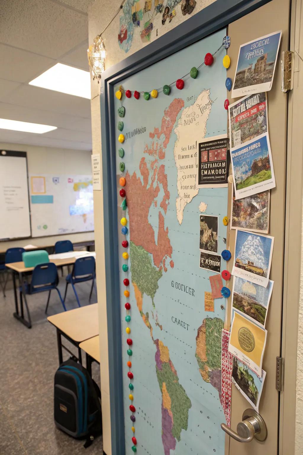 A world traveler's door inspiring curiosity about different cultures.