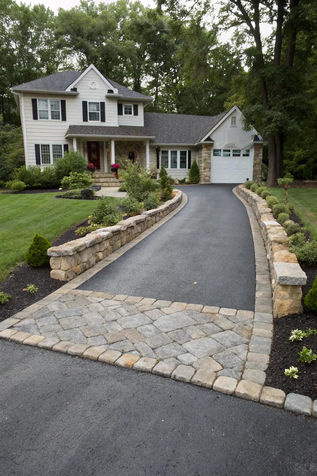 Decorative borders add definition and flair to this driveway entrance.