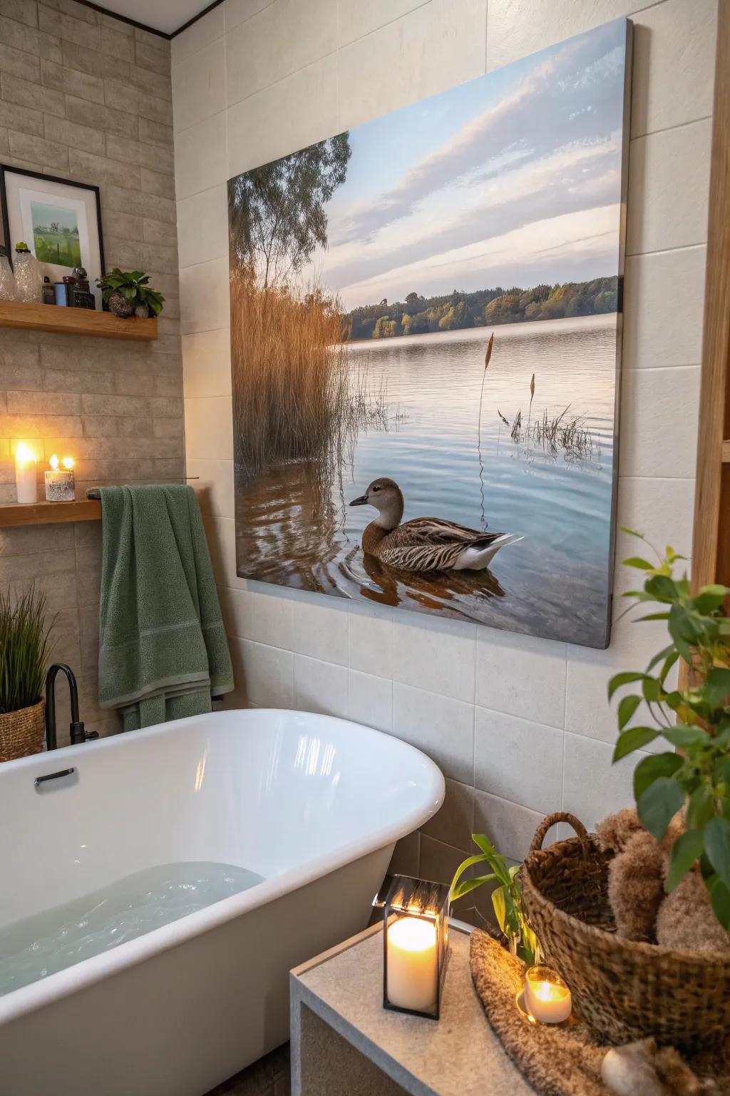 A lakeside duck painting brings tranquility to your space.