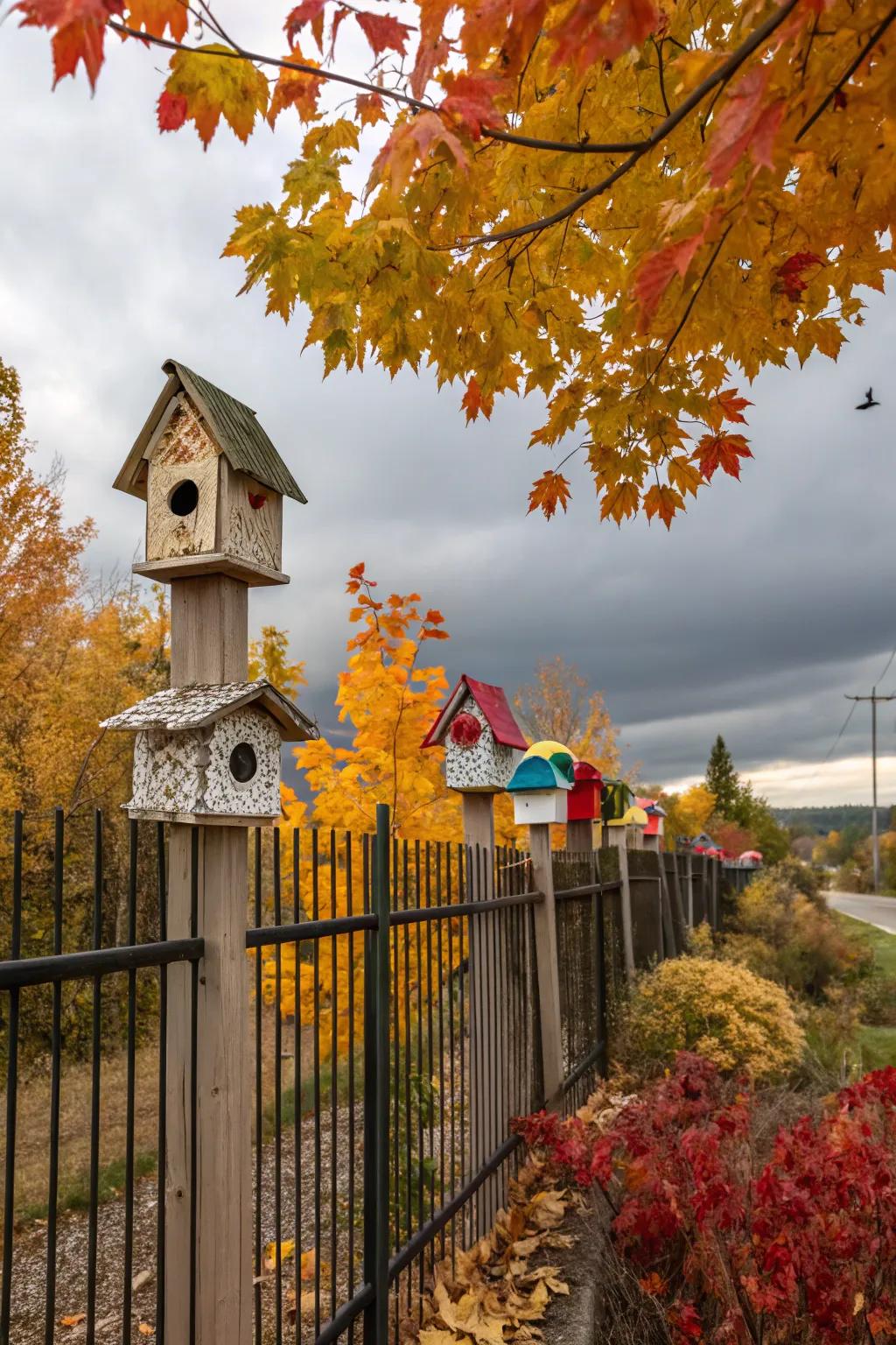 Decorative birdhouses add a whimsical touch to the fence.