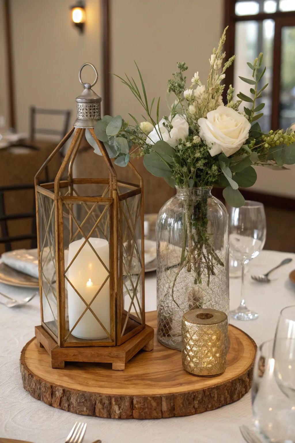 A mix of textures like wood, glass, and metal adds depth to this fall wedding centerpiece.