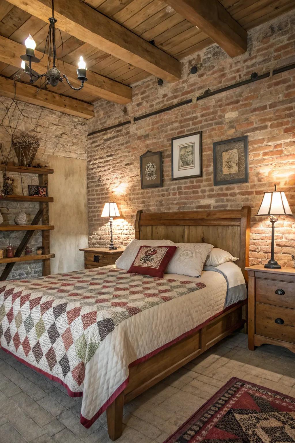 Texture and warmth are added to the bedroom through exposed brick.