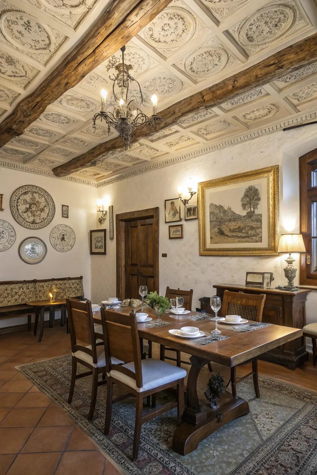 Ceiling medallions add elegance and sophistication to this farmhouse dining area.