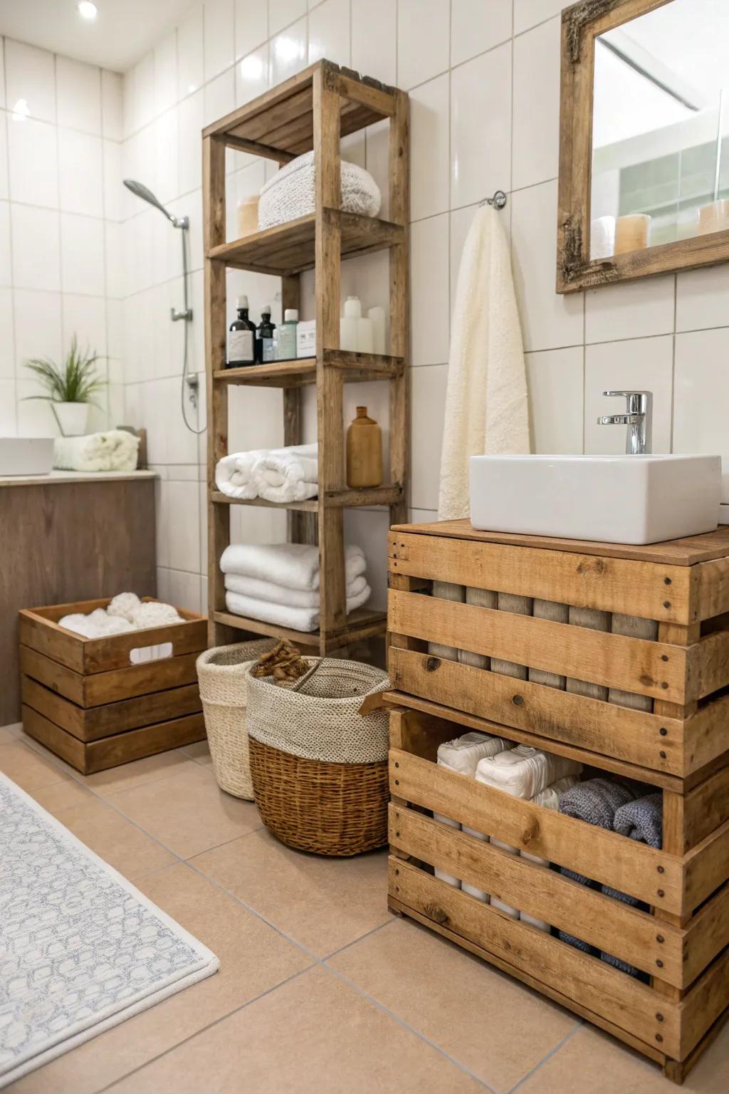 Keep your bathroom tidy with crate storage solutions.