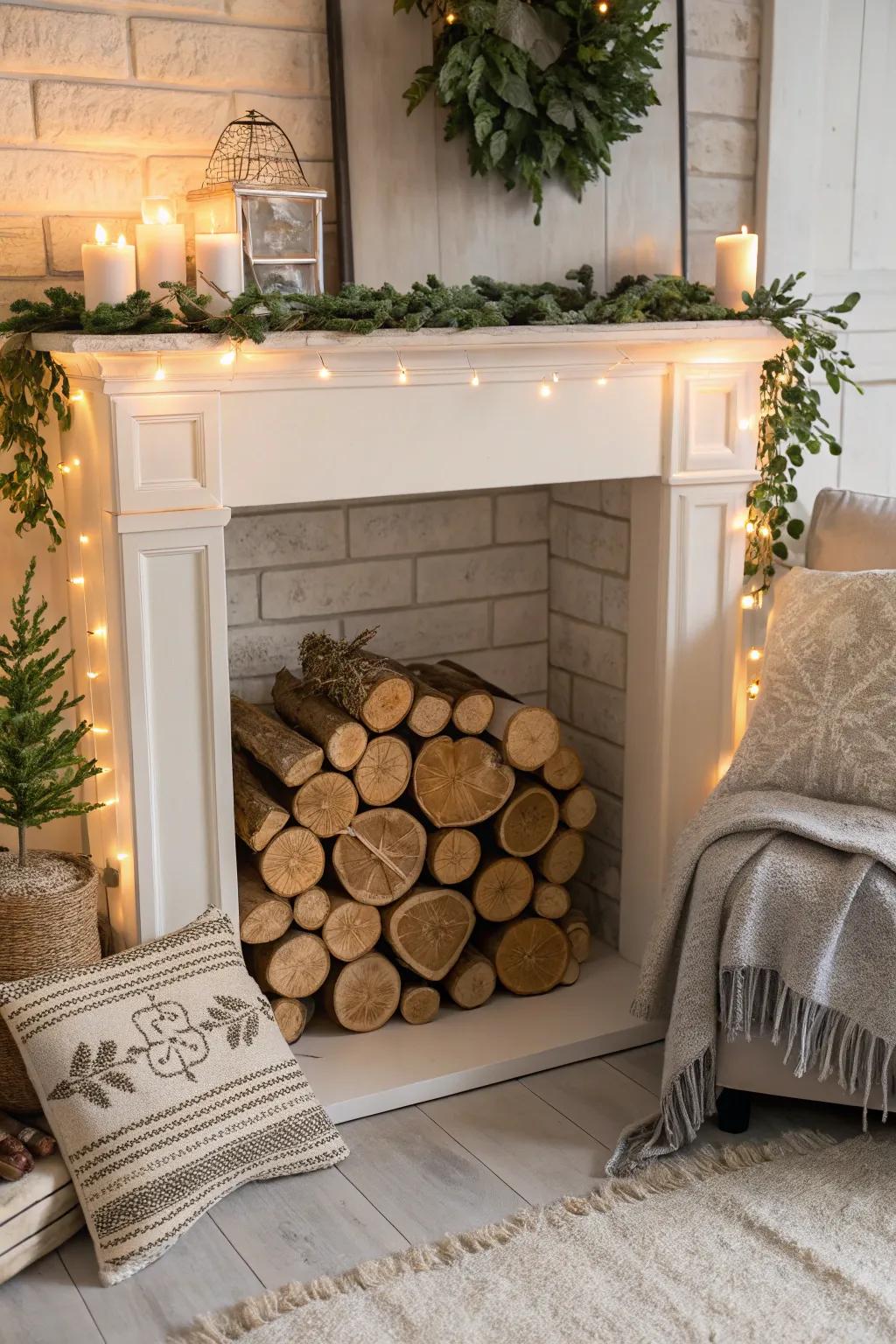 A faux fireplace showcasing an eco-friendly wood slice display.