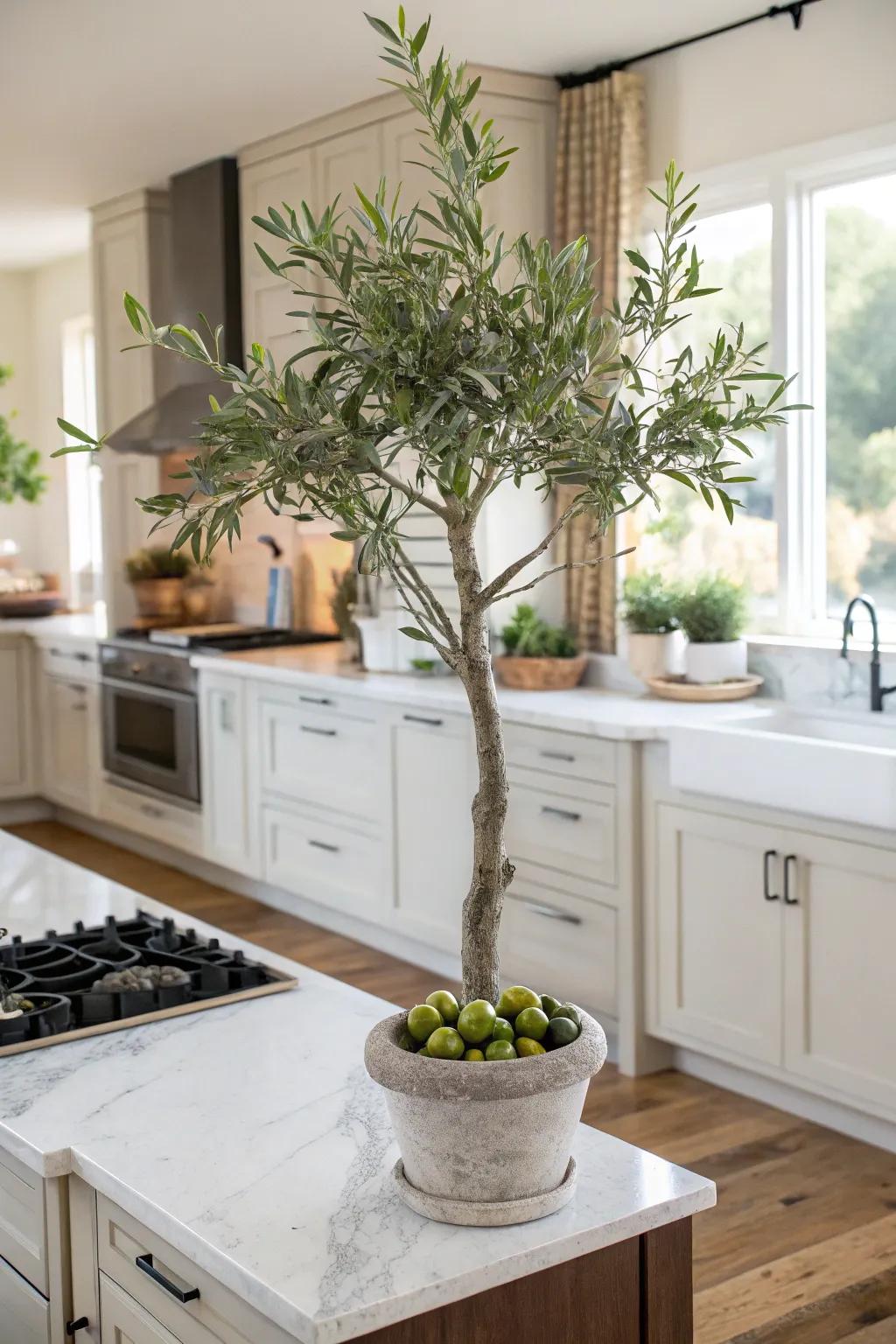 Add charm to your kitchen with a faux olive tree.