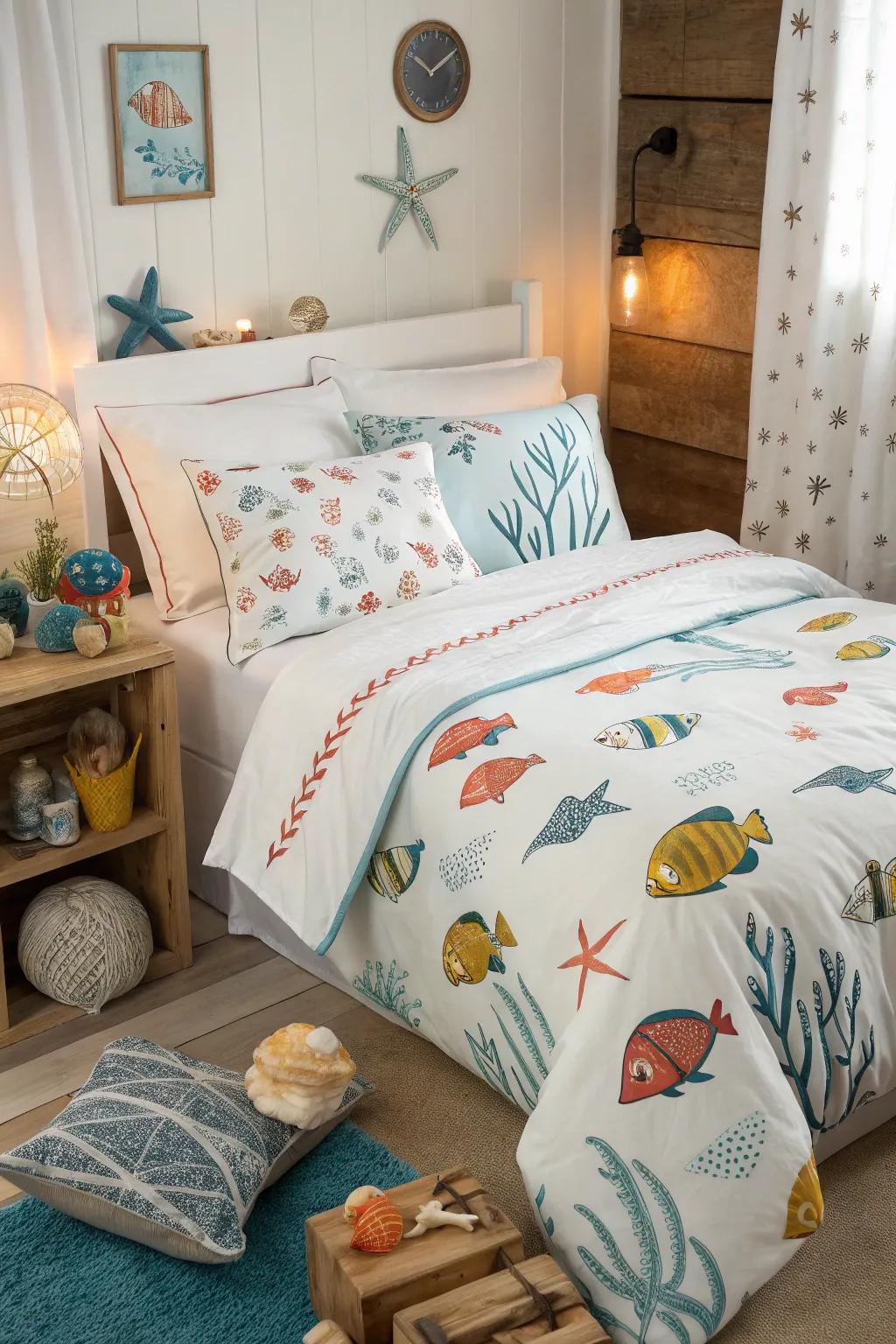 Fish-printed bedding adds a whimsical touch to your sleeping space.