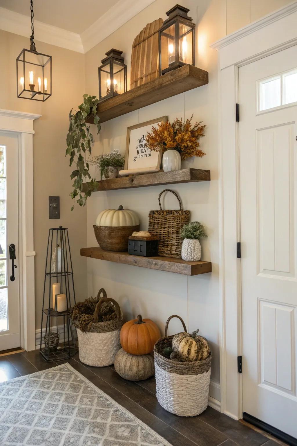 Floating shelves in the entryway for a welcoming and practical space.