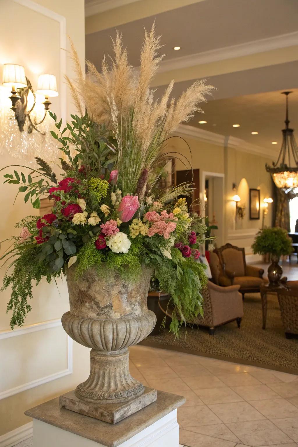 Garden urns indoors create a grand floral statement.