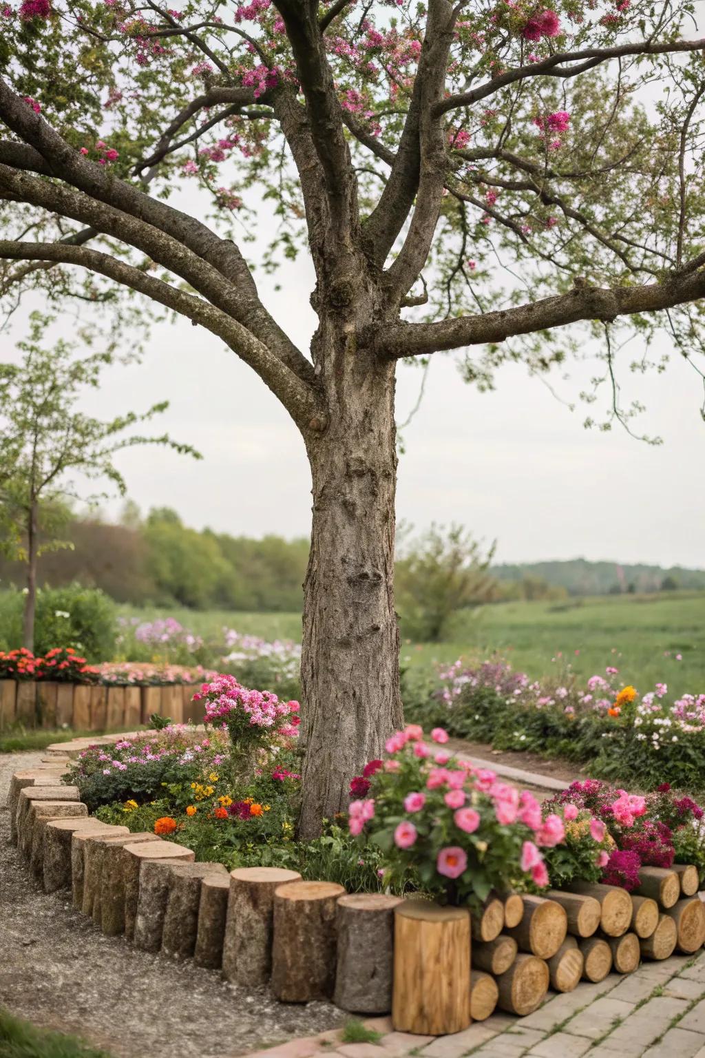 Rustic logs create a charming border for this tree's flower bed.