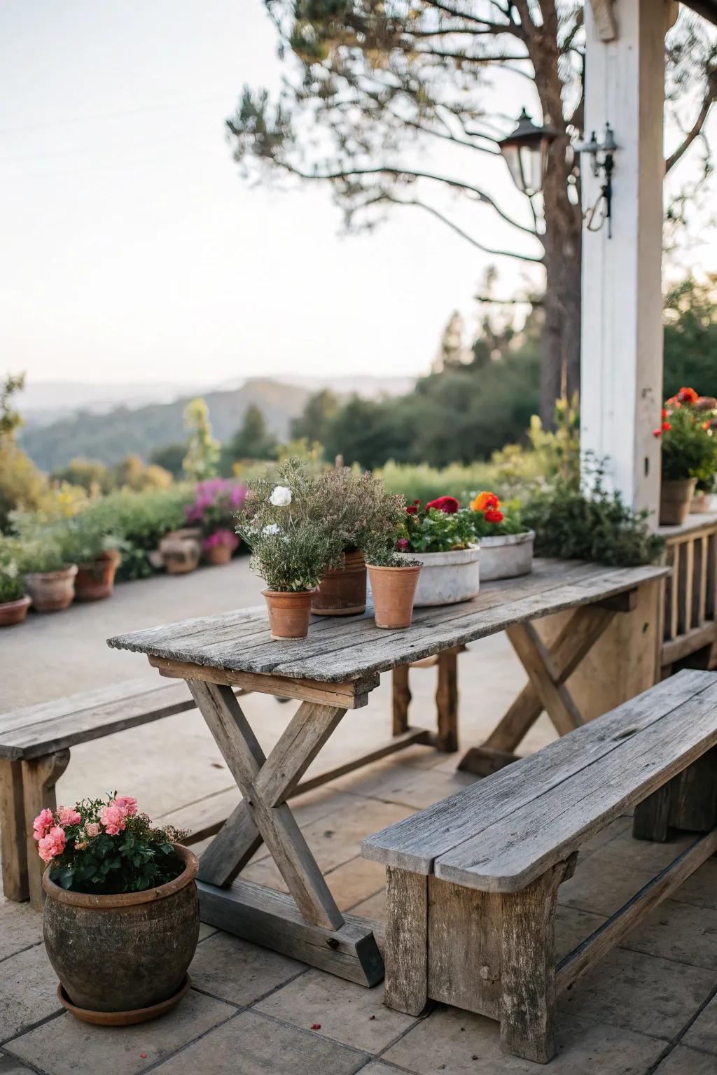 Wooden elements bring warmth and rustic charm to patio spaces.