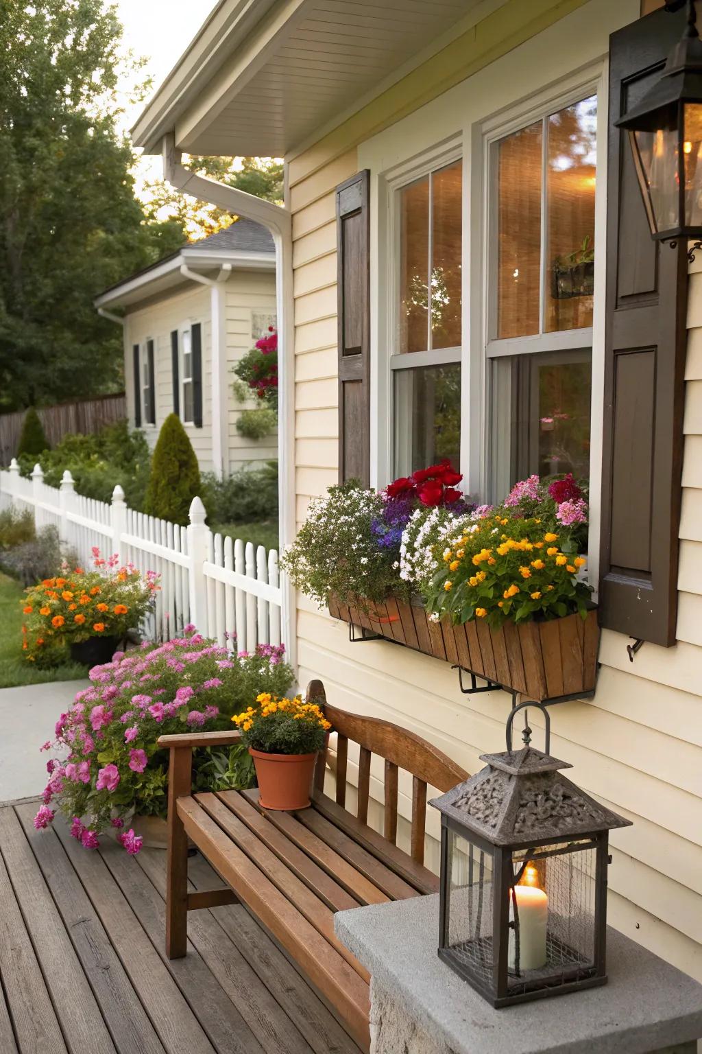 Window boxes filled with colorful flowers on a front porch.